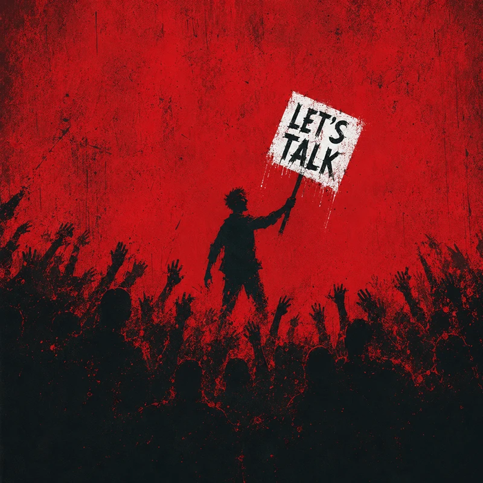 JHAMELA — a crowd of figures with a LET'S TALK sign, forming a living poster of community voices.